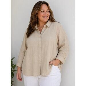 Edward Irish Linen Cream Button Front Floral Embroidered Shirt Womens Plus 2x